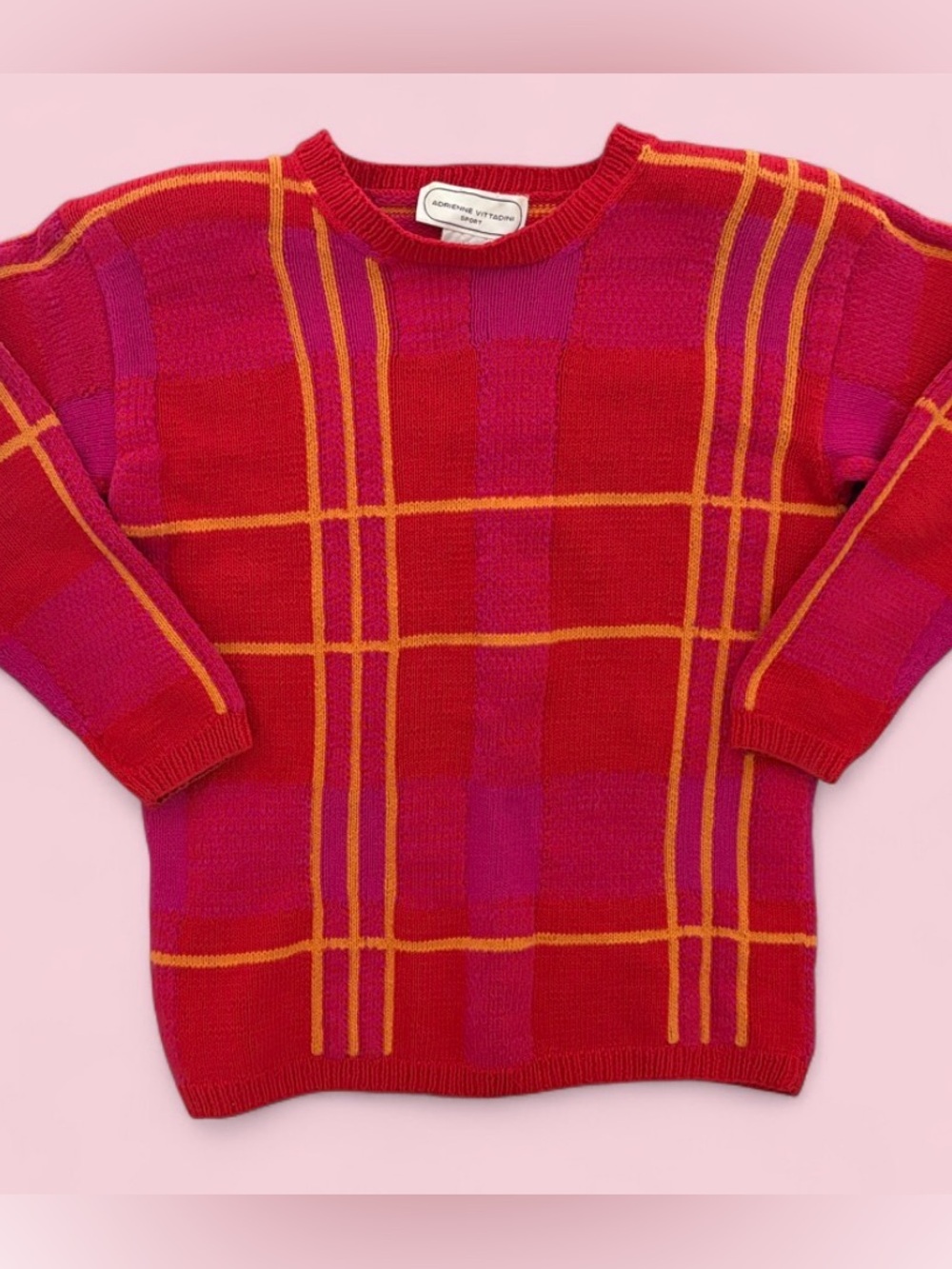 Vintage Adrienne Vittadini Sport Sweater Women’s S Red Pink Plaid Cotton Knit